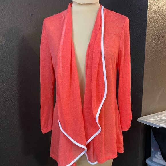 Slinky Brand salmon pink shawl collar open front fine knit cardigan sweater - Picture 5 of 5